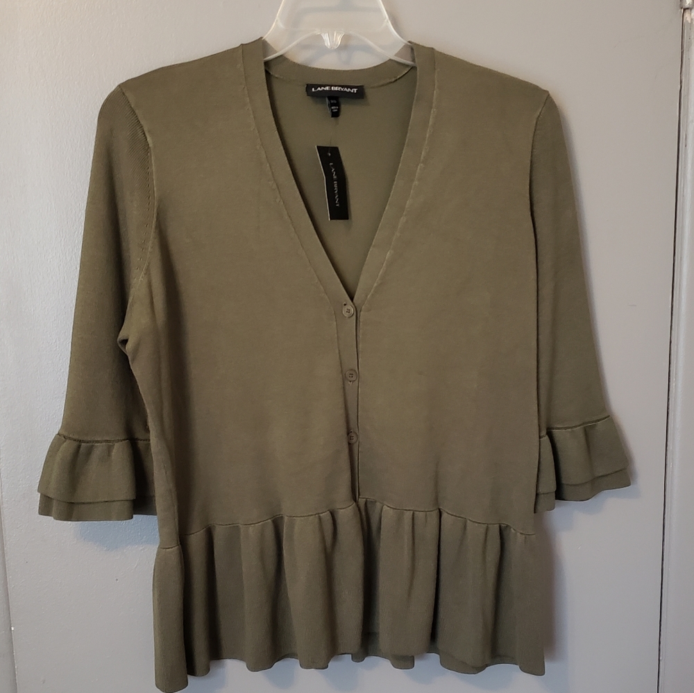 NWT Lane Bryant Size 14/16 Green Cardigan with 3/4 Ruffled Sleeves